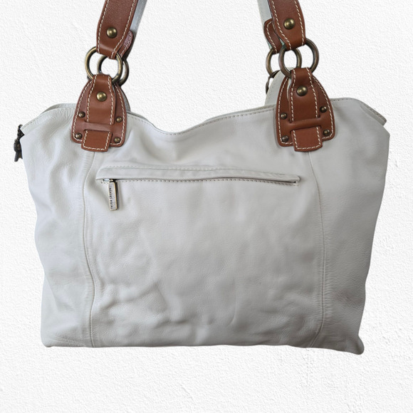Y2K Robert Pietri White Tan Pebbled Genuine Leather Spacious Tote Shoulder Bag - Picture 12 of 12